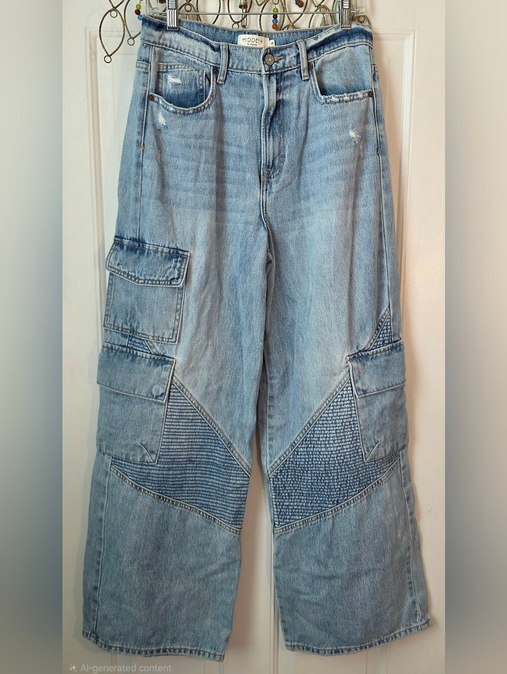Hidden Jeans Moto Carpenter Wide Leg Jeans Womens 28 Light Wash Cargo 100% Cotto